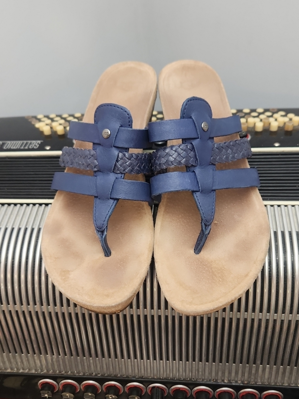 UGG MADDIE NAVY BLUE TRIPLE LEATHER STRAP THONG WEDGE SANDALS SZ 7